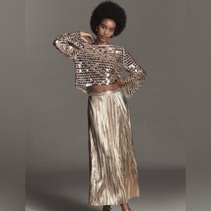 NWT Anthropologie Elegant Gold Pleated Midi Skirt